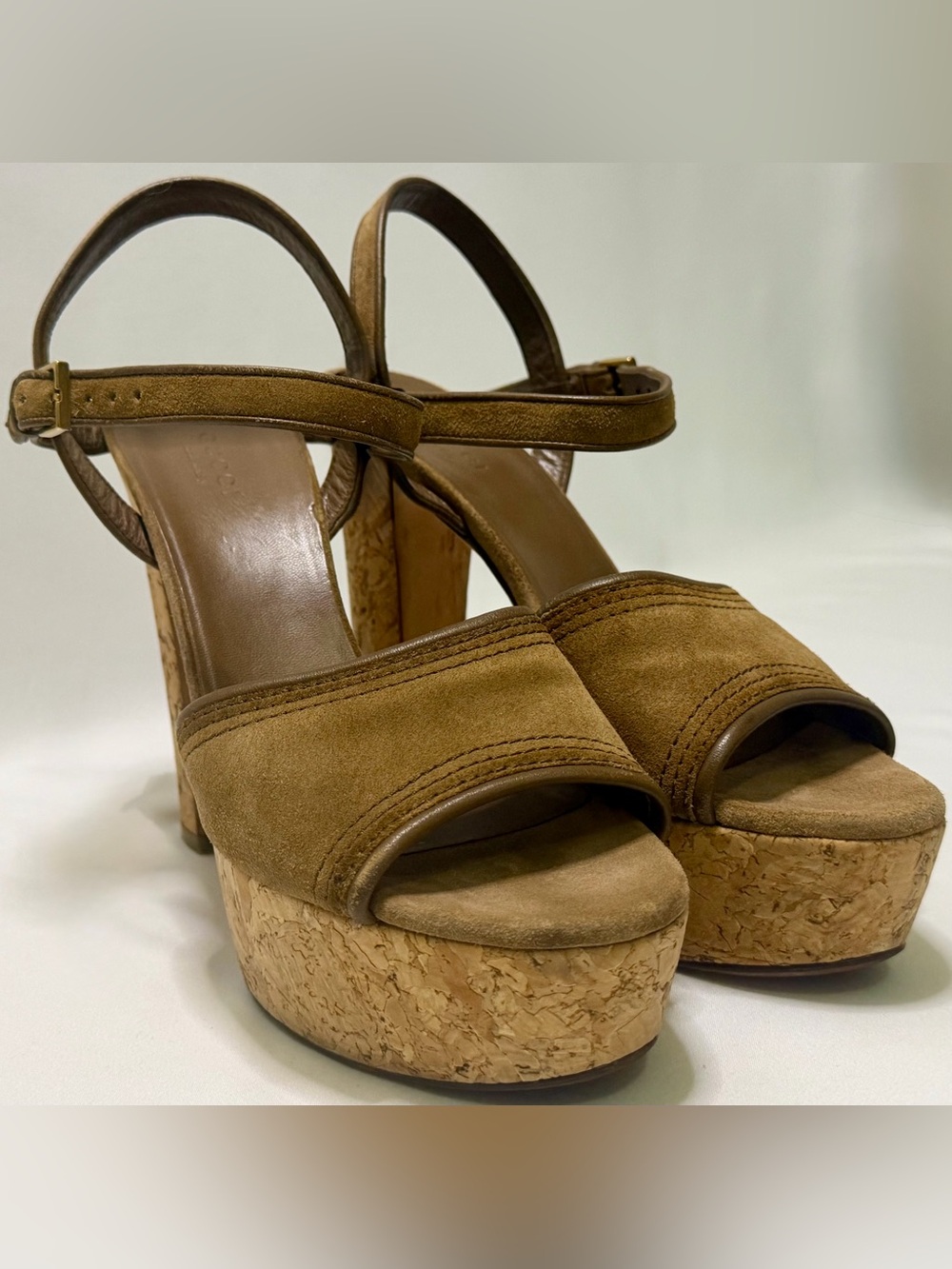 Gucci Danielle Brown Suede Cork Platform Block Heel Ankle Strap Sandals 38